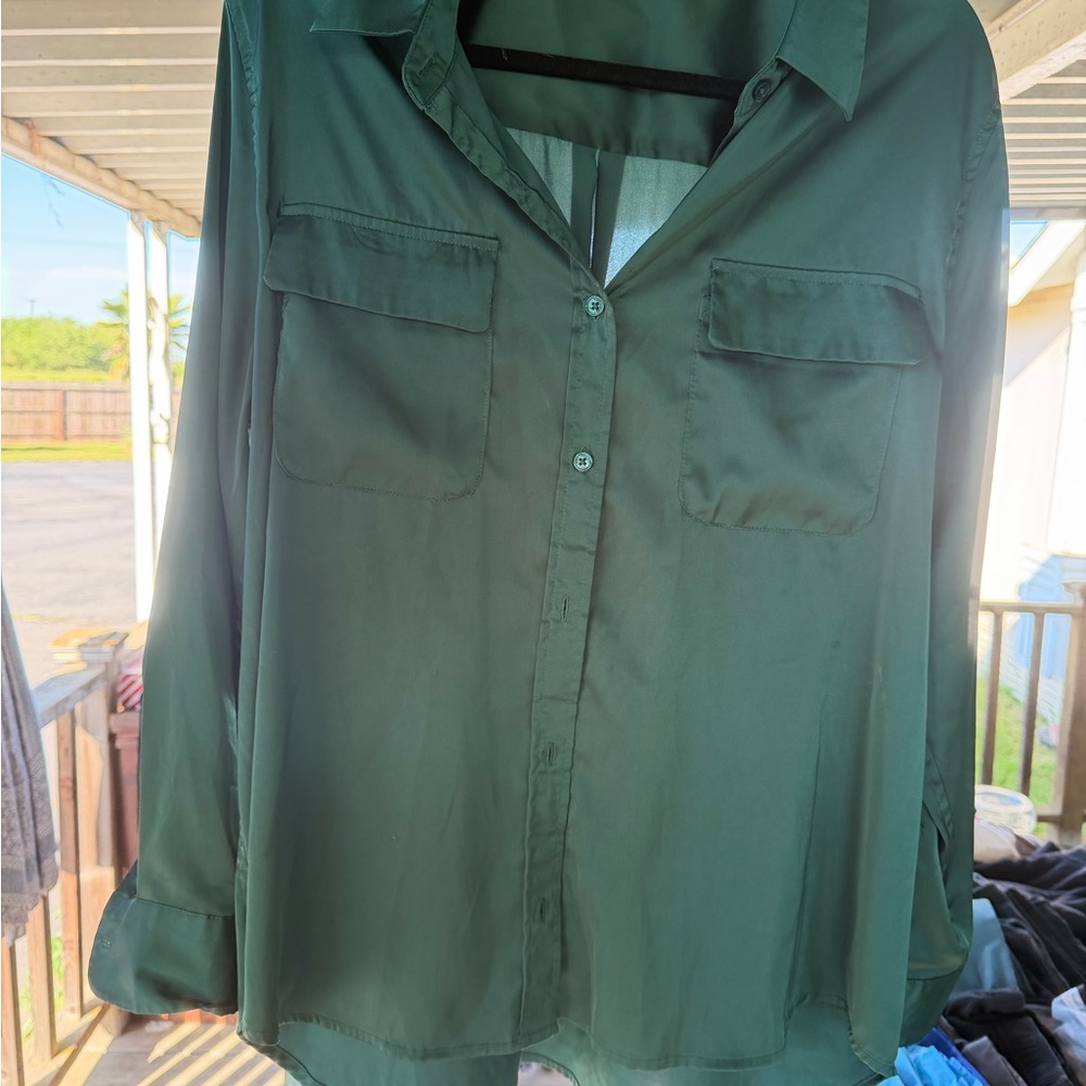 Forest Green Satin Button-Up Blouse
